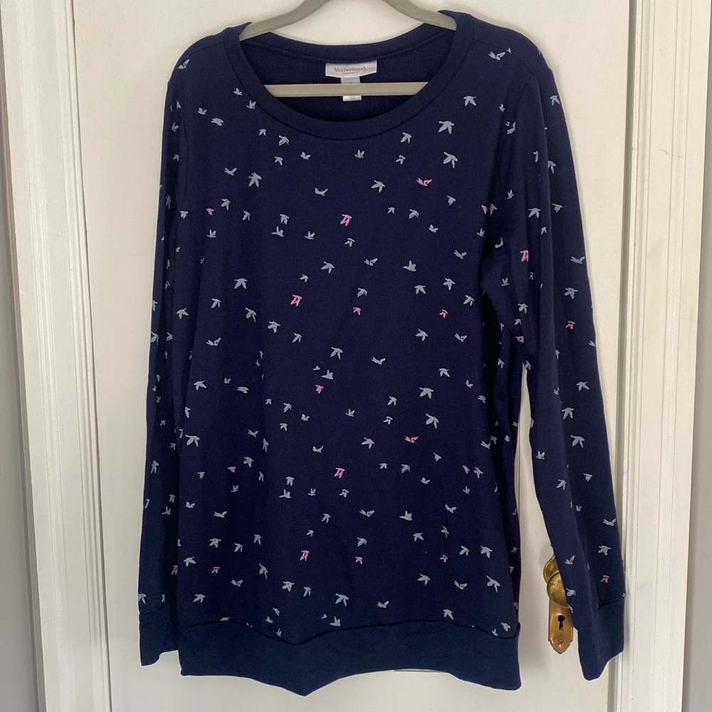 MOTHERHOOD Maternity Size L Navy Blue sweatshirt with bird detail.